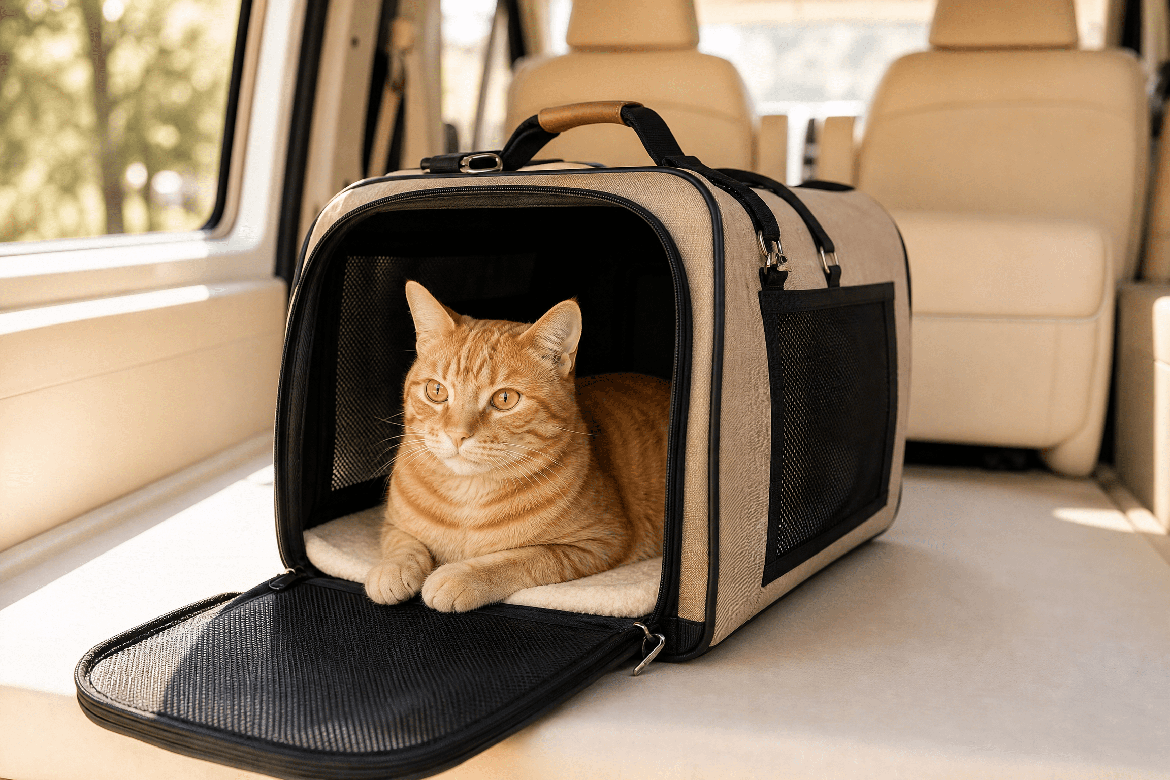 Cat resting comfortably in carrier inside the NorthPaws van