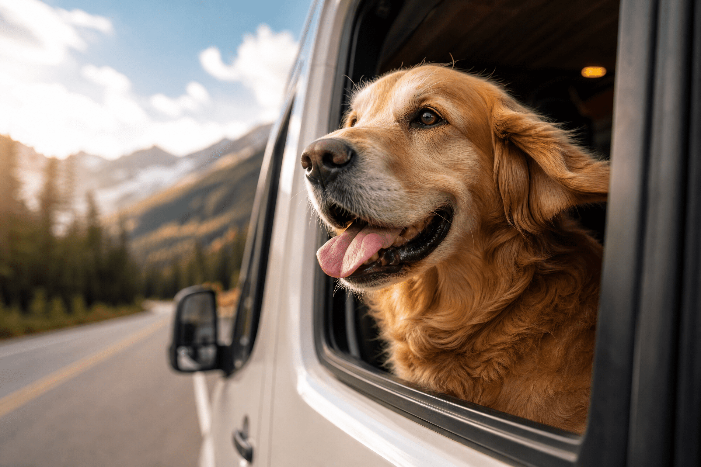 Happy dog looking out the window of the NorthPaws van