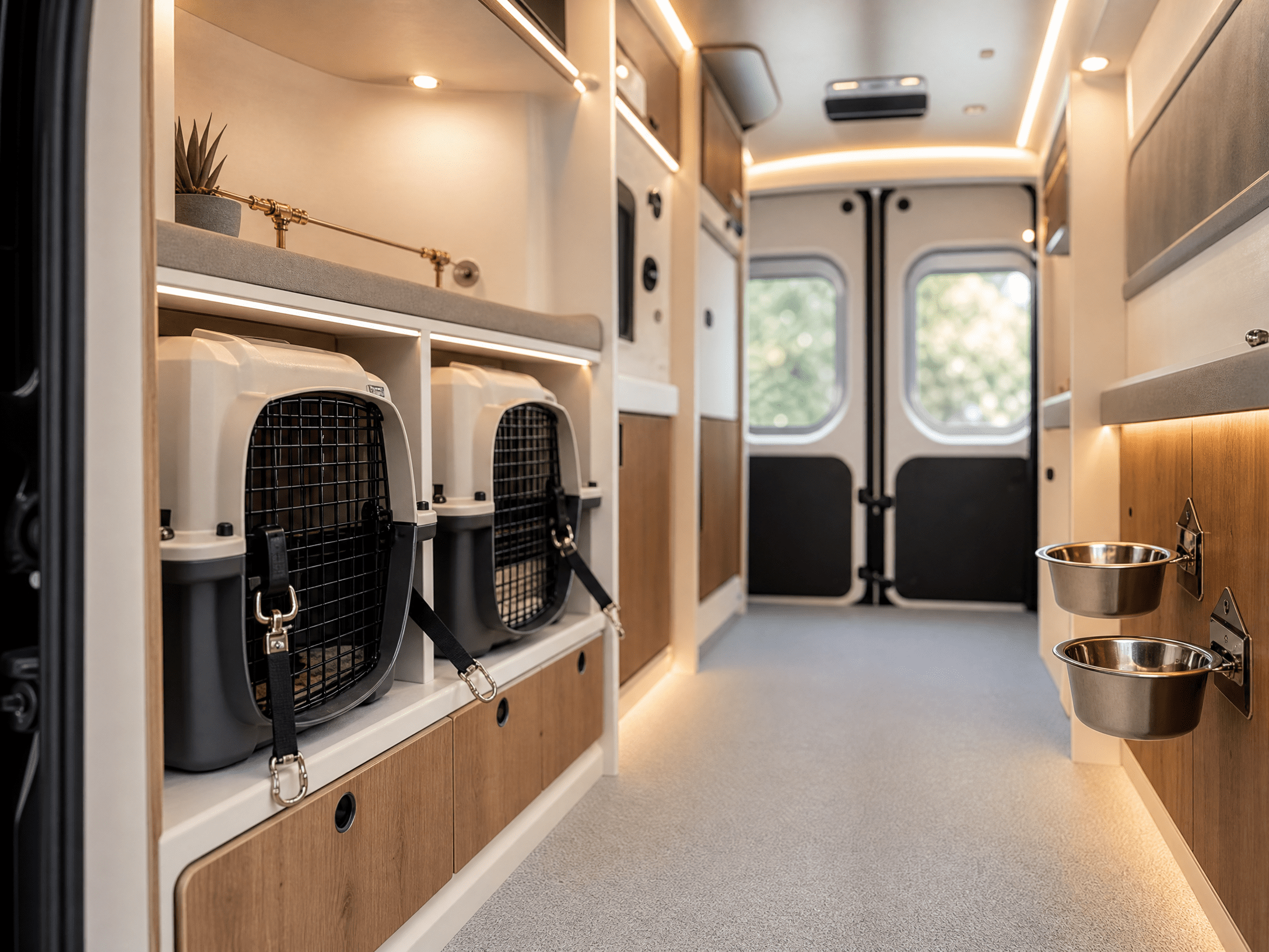 NorthPaws van interior — warm, premium, climate-controlled pet transport cabin