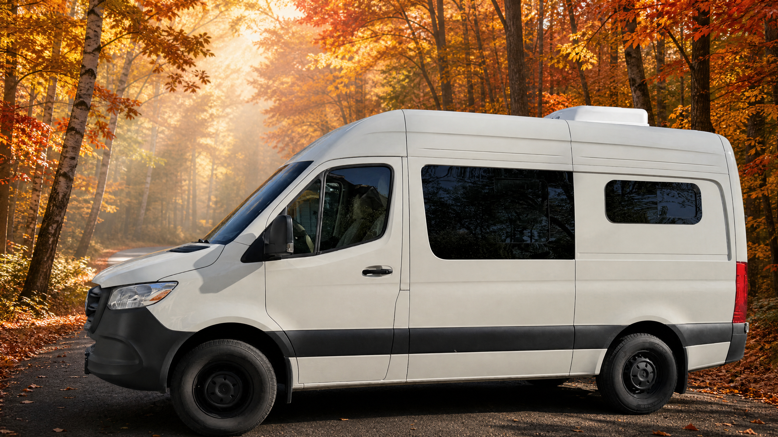 NorthPaws Mercedes-Benz Sprinter side view in Canadian autumn forest